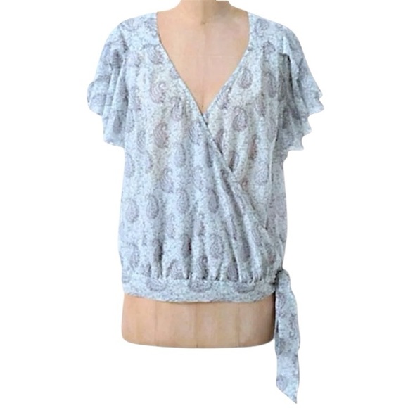 $138 Anthropologie Vintage Silk Blend Wrap Blouse 8P Medium Petite Paisley Top - Picture 3 of 11